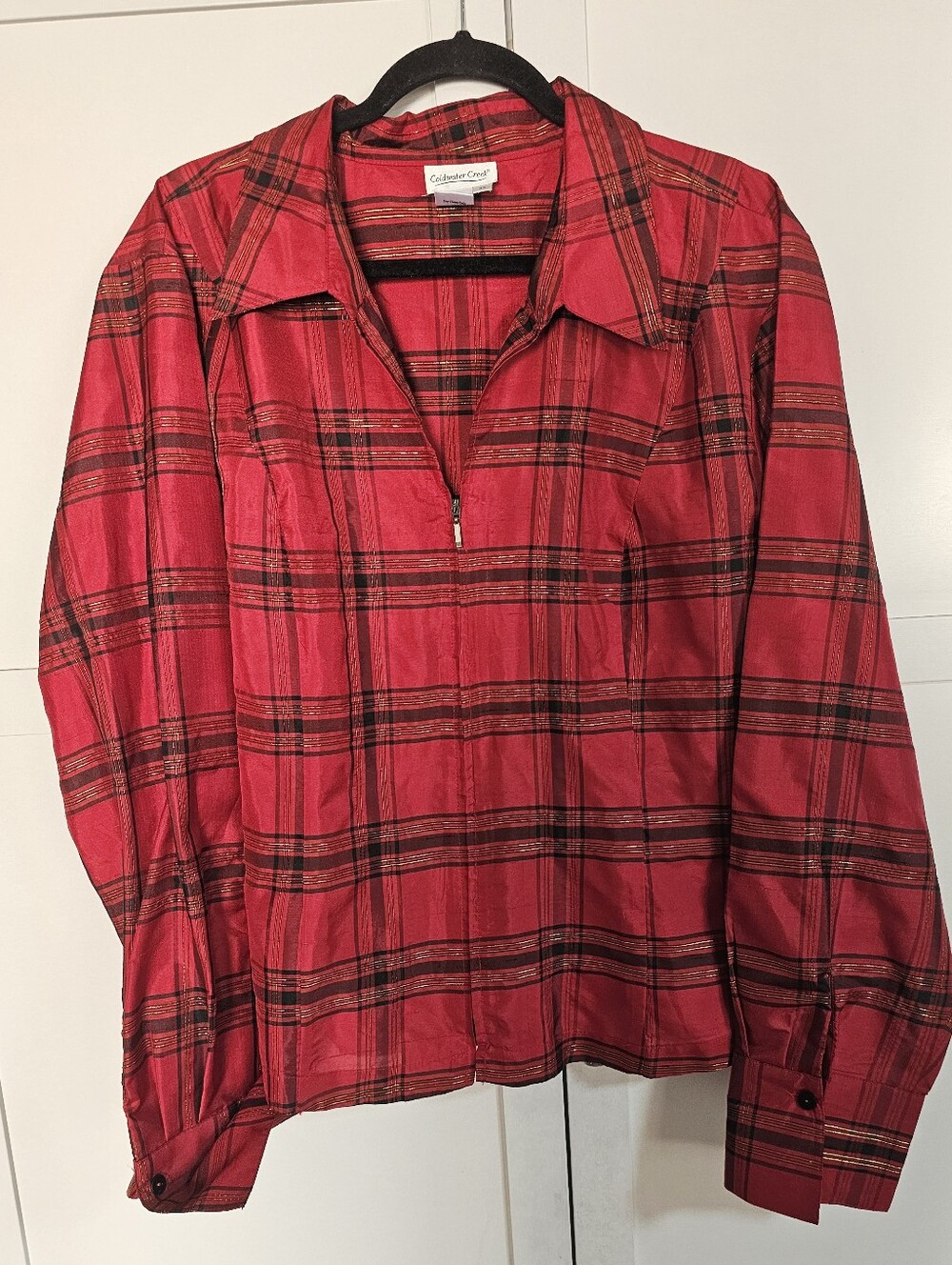 Coldwater Creek 3X Red Plaid Silk+ Blouse Gold Metallic Zip Front Holiday Unworn